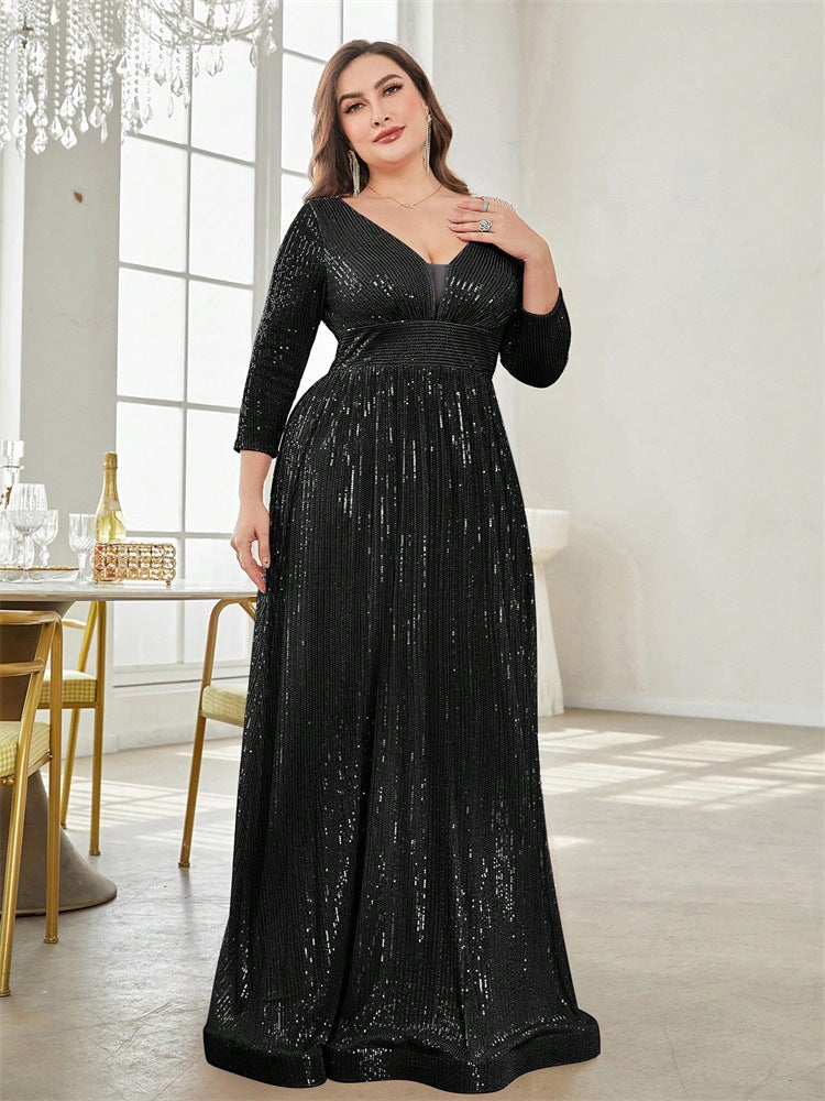 Women Plus Size Sequined Long-Sleeved V-Neck Formal Party Elegant Maxi Dress 8