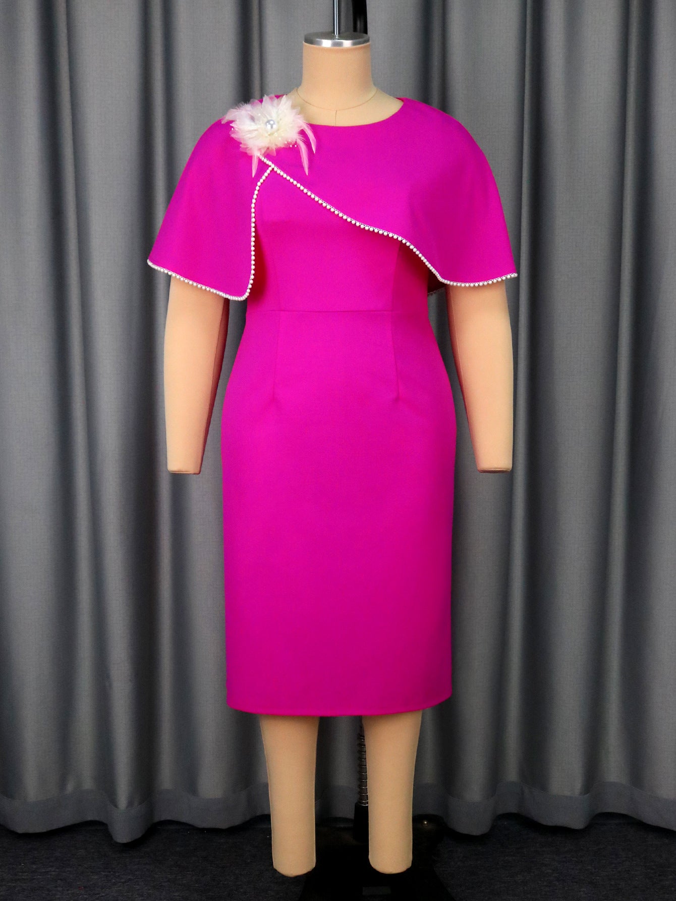 Plus-Size Women Rose Ruffle Round Neck Cape Bodycon Dress 7