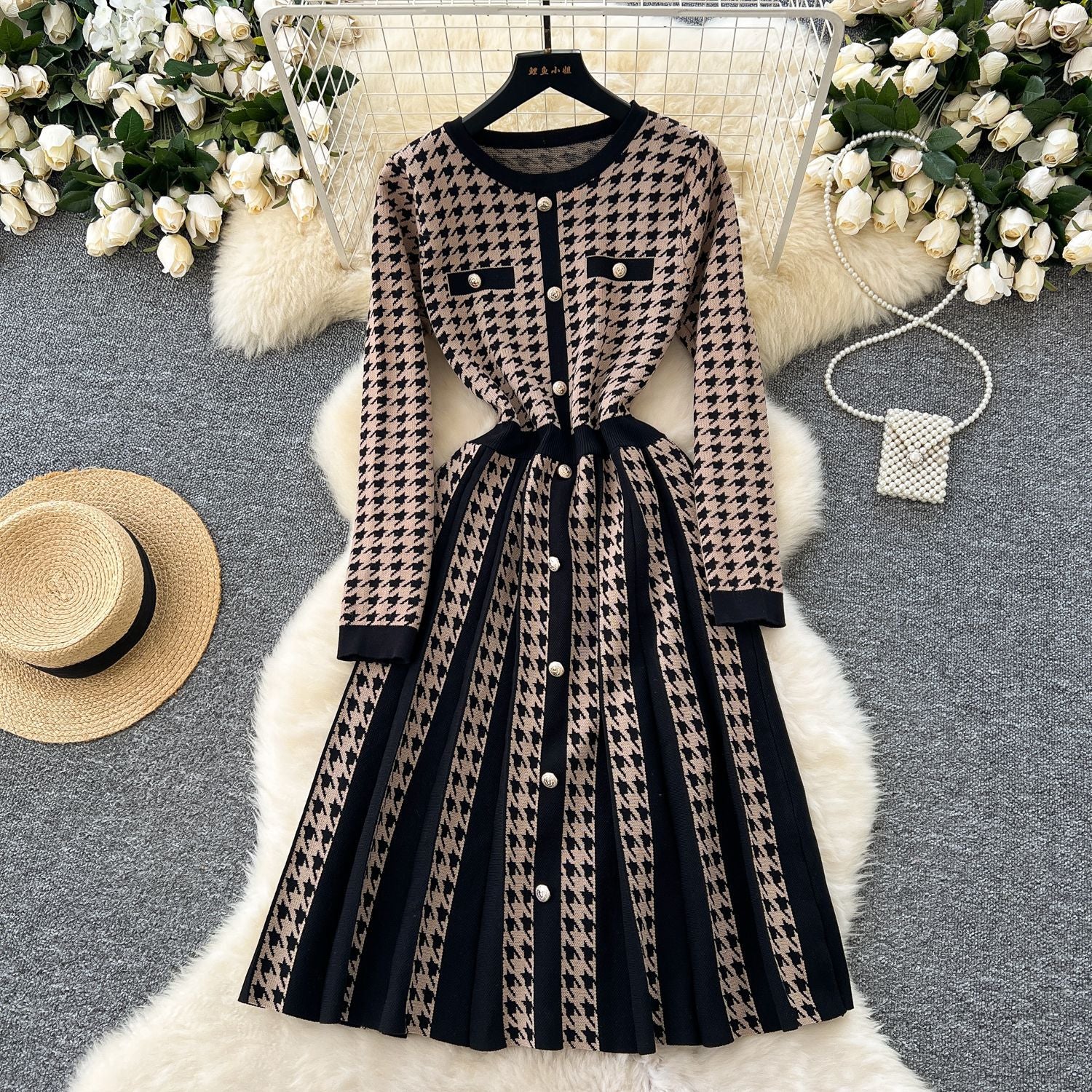 Women Autumn and Winter Metal Button Contrast Pleated Houndstooth Dress 4