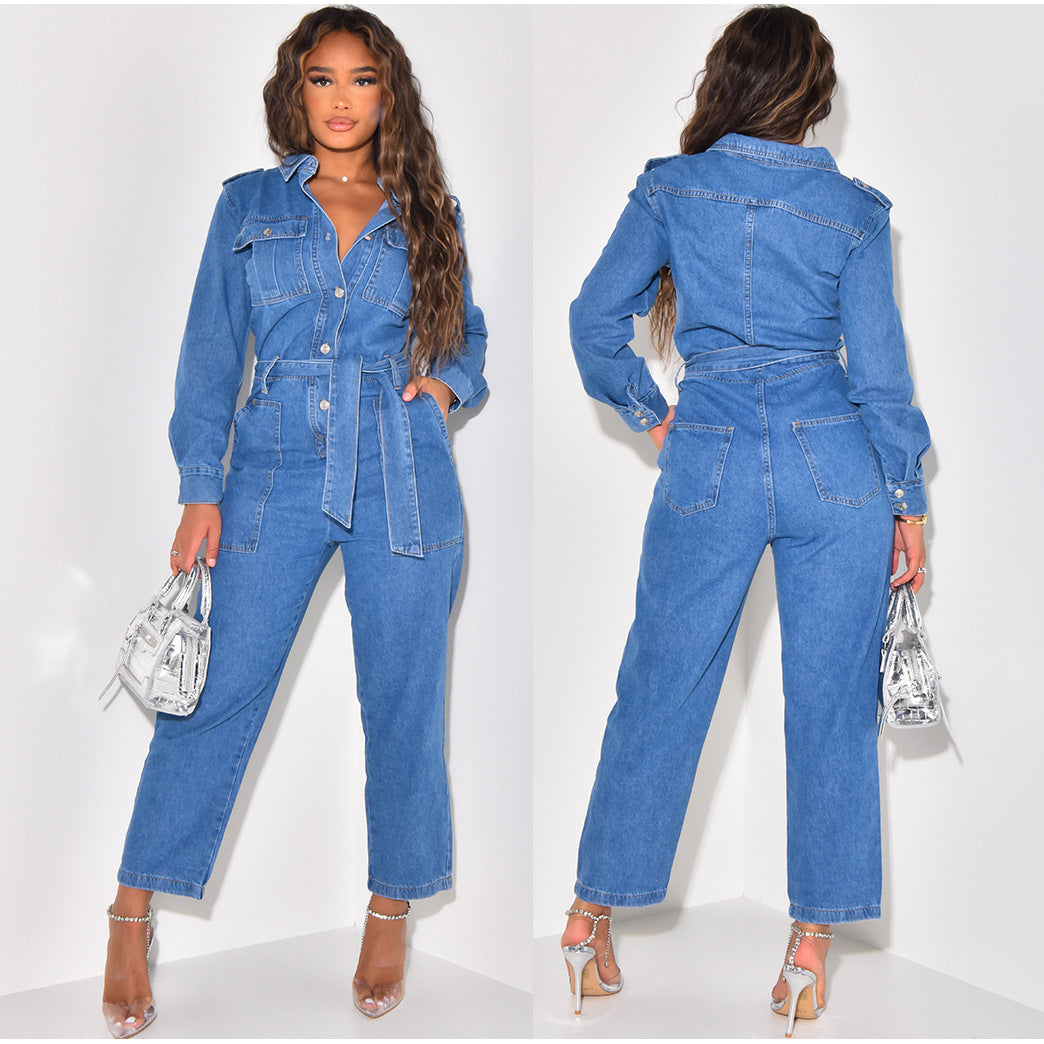 Women's Fashion Casual Sexy Pocket Belt Wide Leg Denim Jumpsuit 3