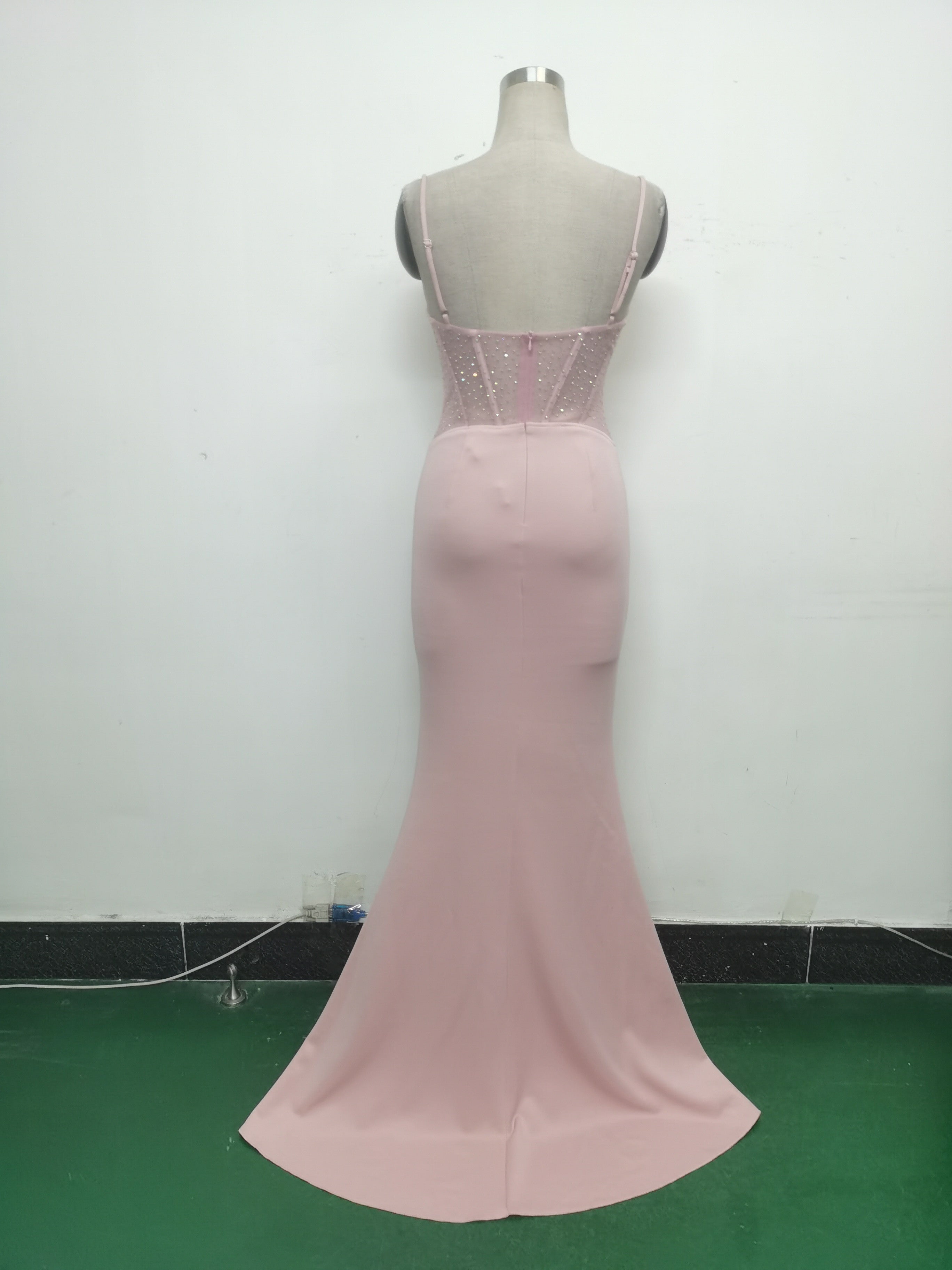 Women fishbone Fitted Mesh Beaded Bodycon fishtail evening dress 31