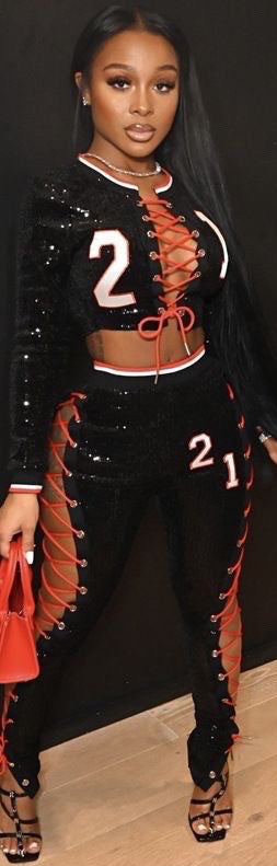 Women Digital Sexy Lace-Up Cut Out Long Sleeve Top and Pants Two-piece Set