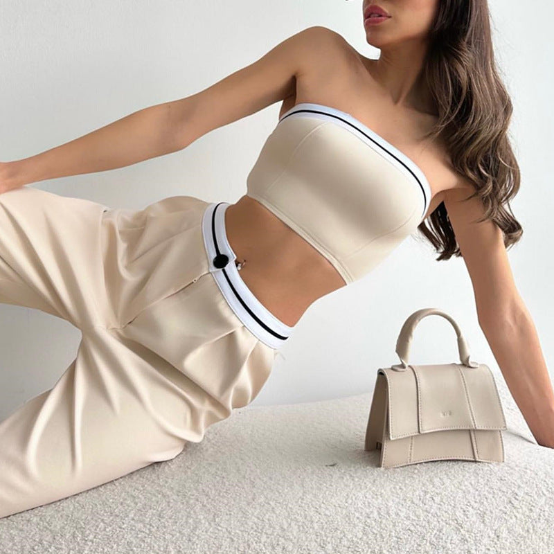 Women's Outdoor Wear Track Tank Strapless Contrasting High Waist Wide Leg Trousers Casual Set 12