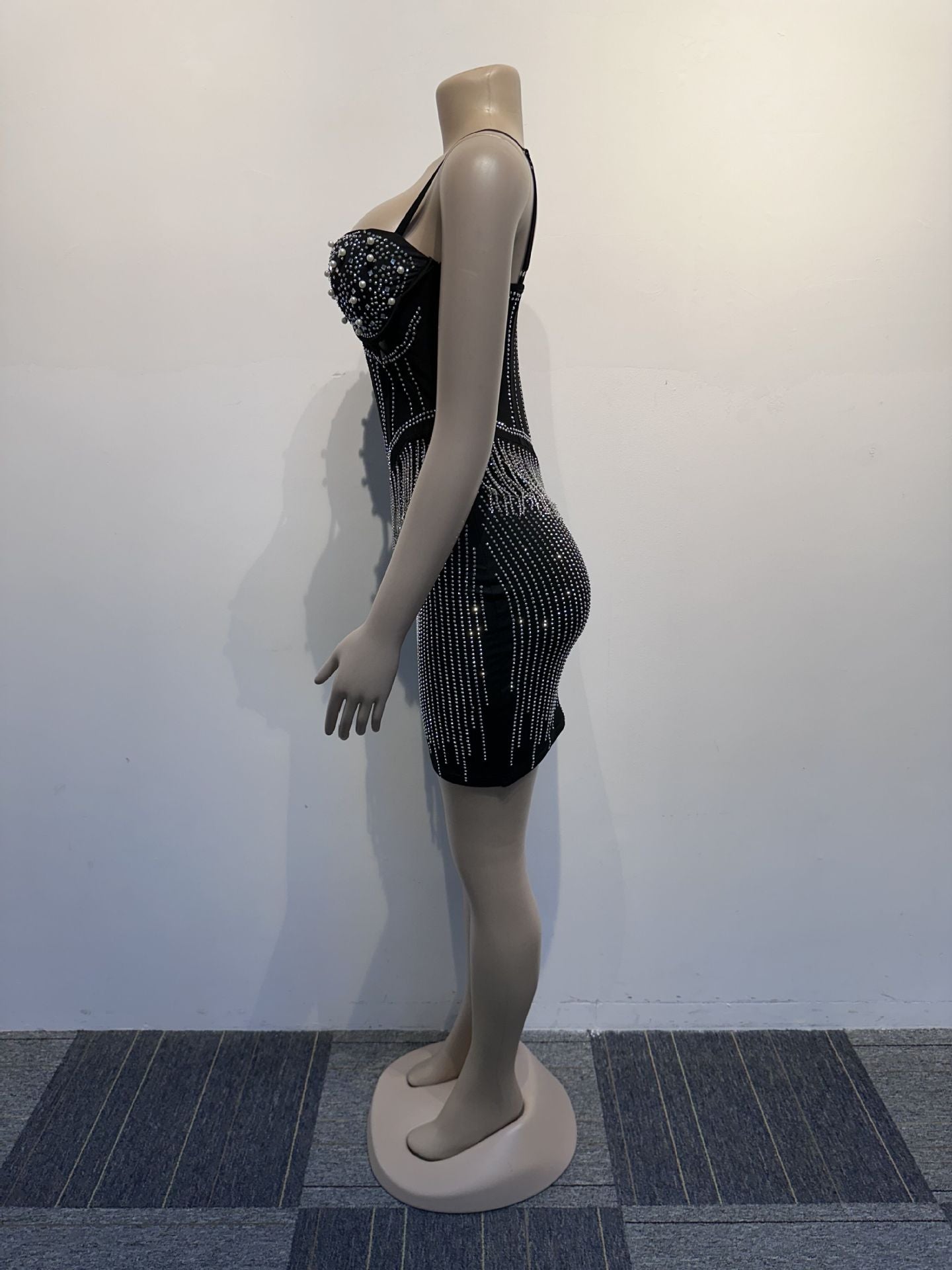 Women Beaded Pearl Hollow Ribbon Bodycon Stretch Strap Dress 12