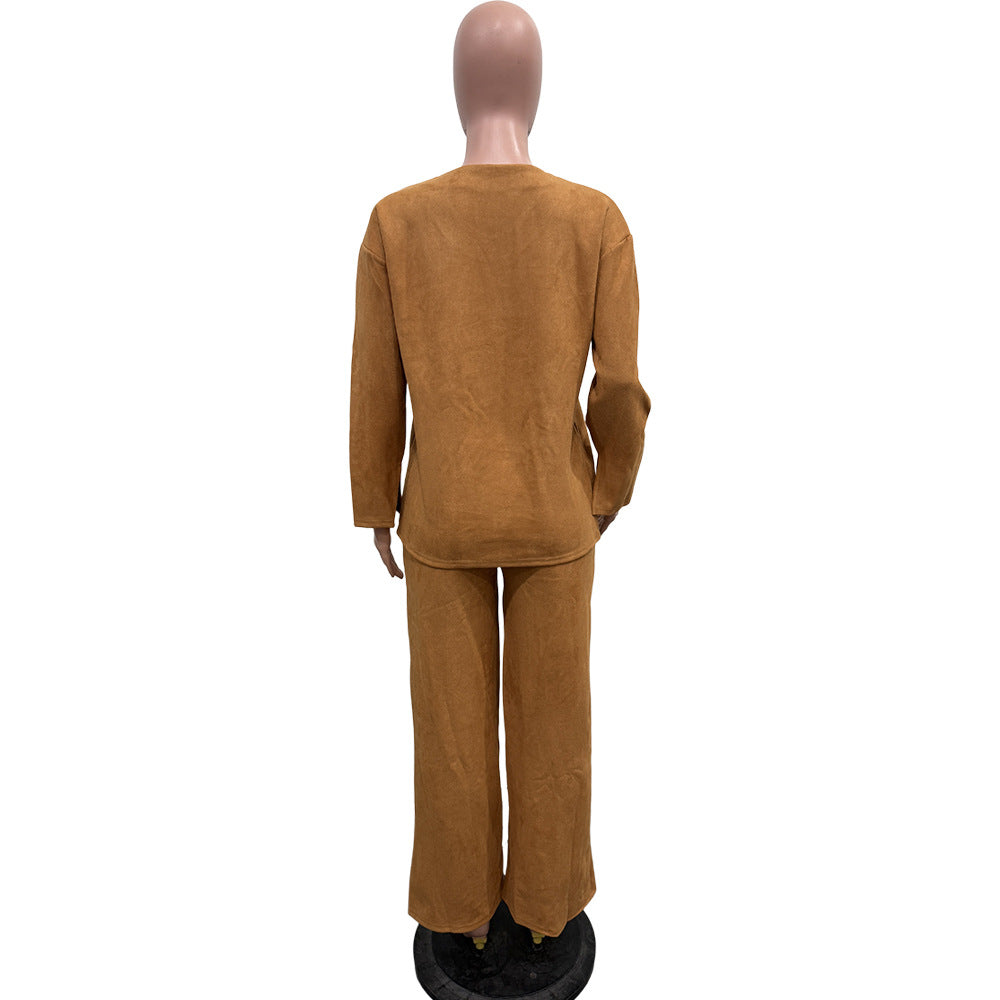 Women Solid Long-Sleeved Slit Two-Piece Set 11