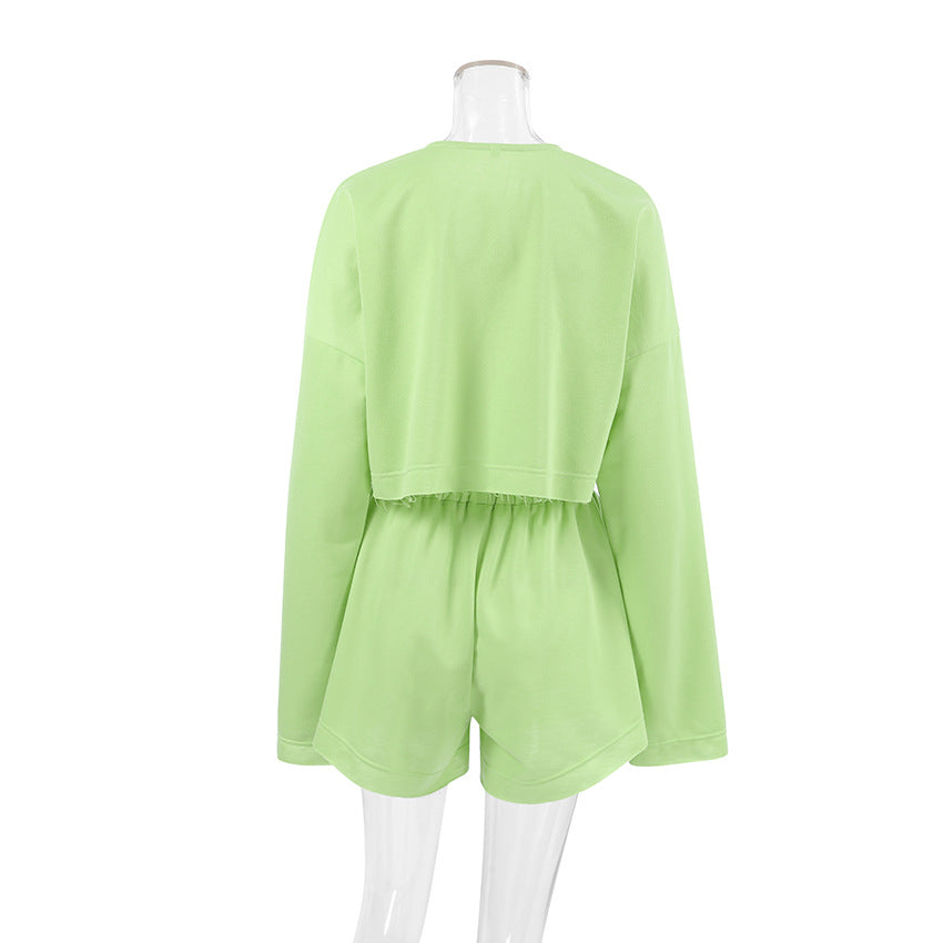 Summer Solid Color Long Sleeve Button Top Shorts Home Clothes Women Loose Comfortable Pajamas 7