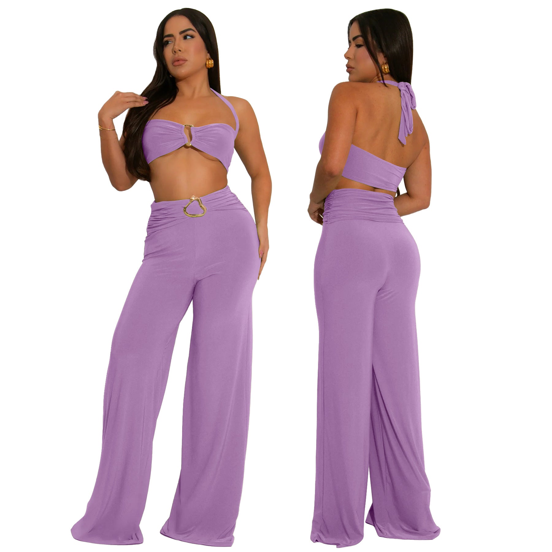 Women Summer Decorative Button Solid Sexy Halter Neck Top and Long Skirt Two-Piece Set 5