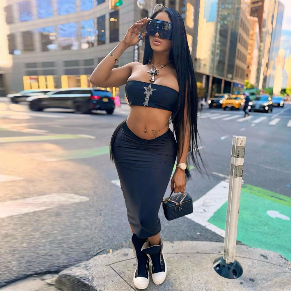 Women summer crop backless Beaded Strapless Top and Skirt Two-piece Set