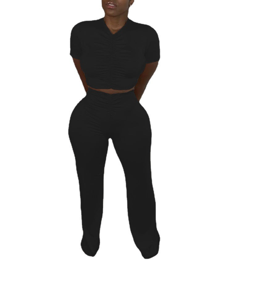 WomenPleat Short Sleeve Crop Top and Bell Bottom Pant Two-Piece Set 6