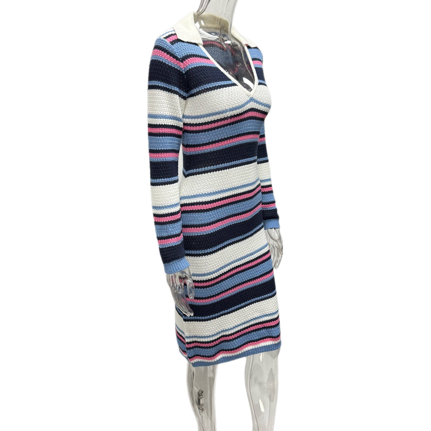 Women's Striped Colorblock Sexy V-Neck Turndown Collar Long Sleeve Bodycon Knitting Dress 7