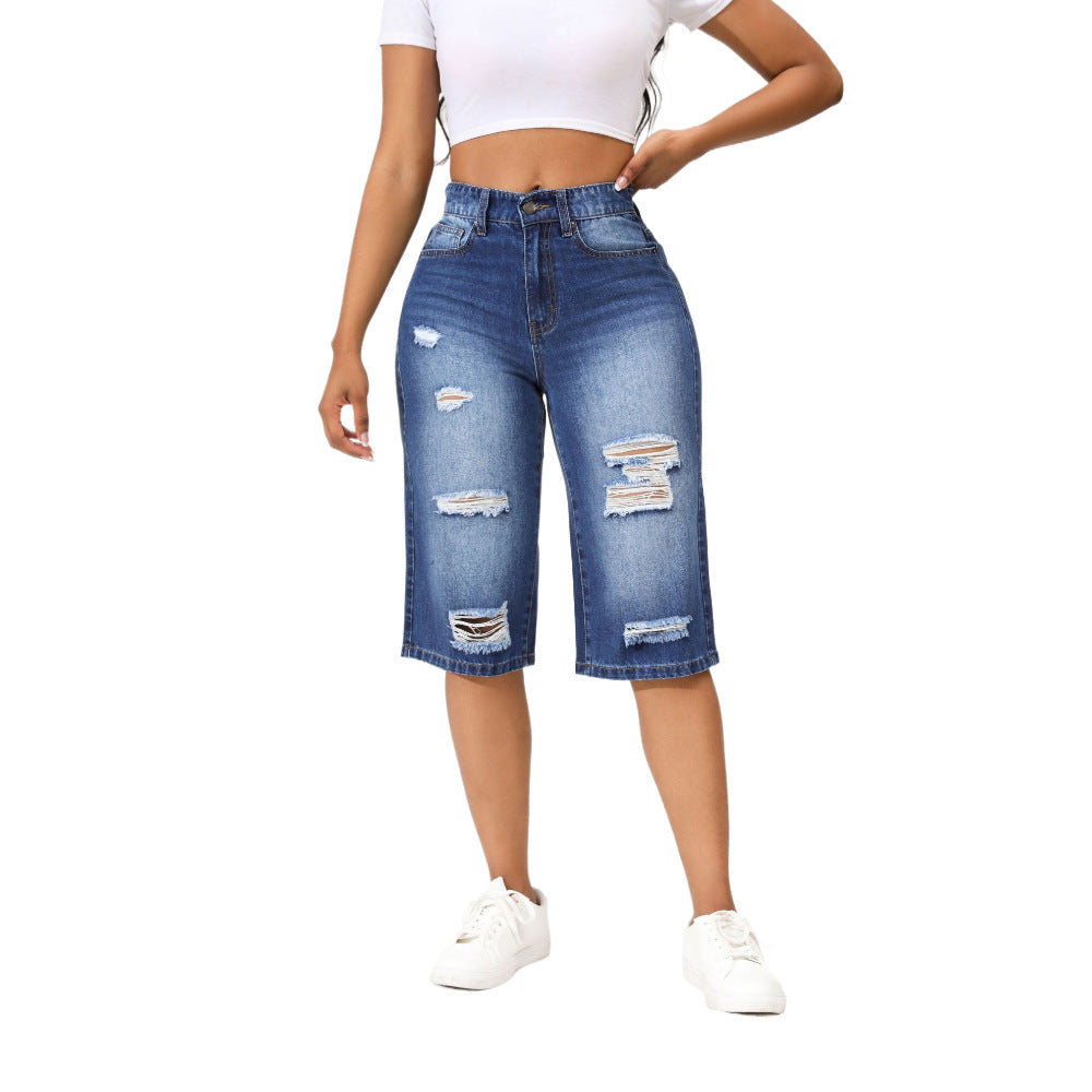 Summer Ripped Denim Pants Women's Three-Point Straight Leg Loose Trendy Midi Jeans 5