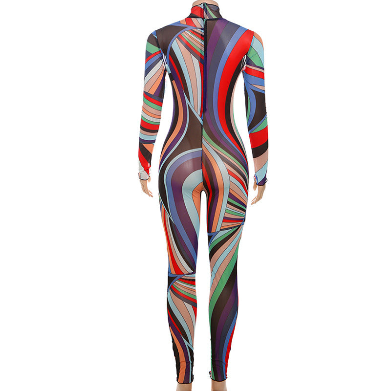 Women Winter Trend Multi-Color Printed Half-High Neck Long Sleeve Mesh Dress 8