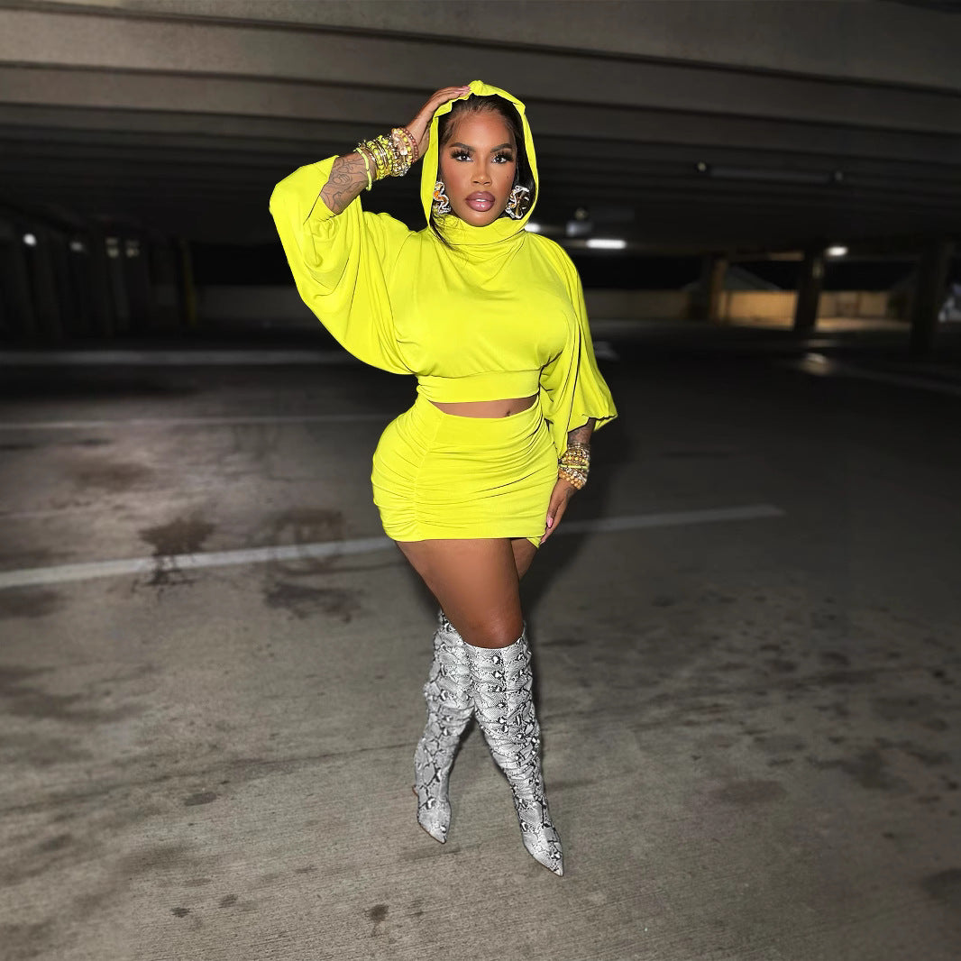 Hooded Puff Sleeve Crop Top Pleated Skirt Two Piece Set 4