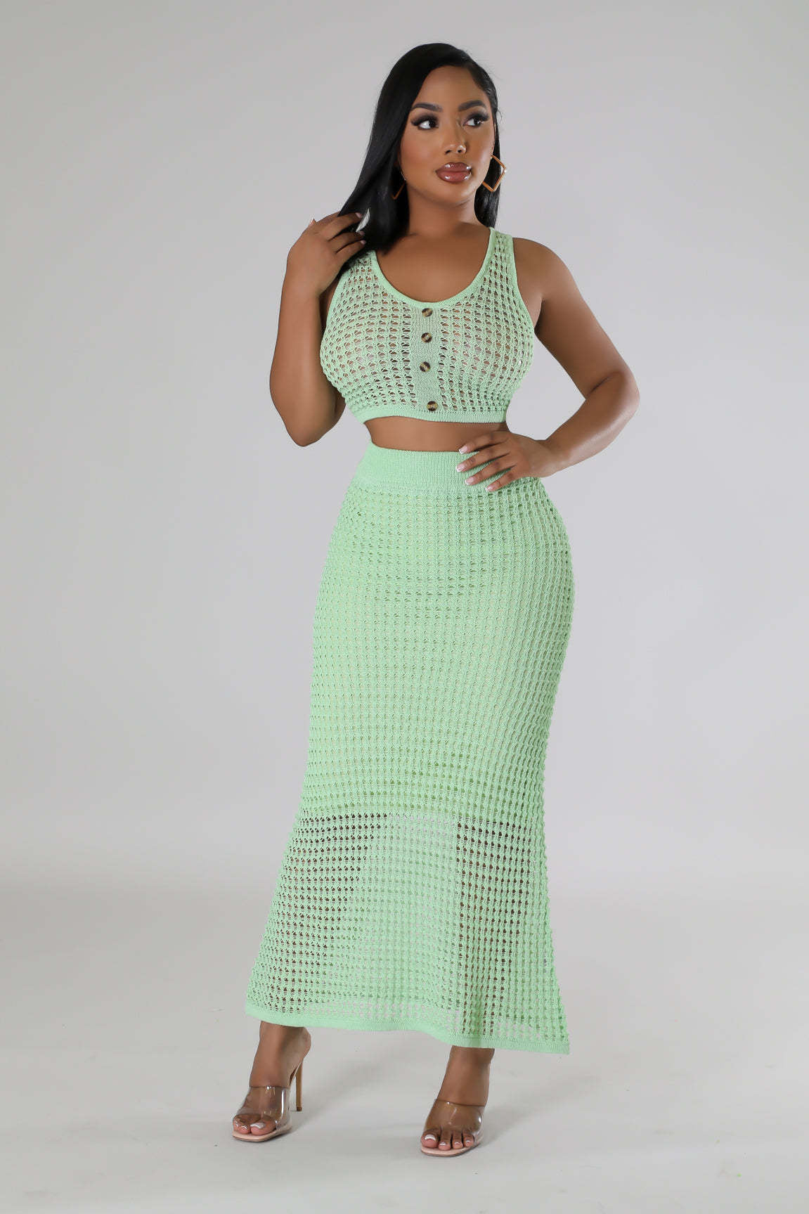 Women tassel fishnet knitting Casual Top and Skirt two-piece set 5