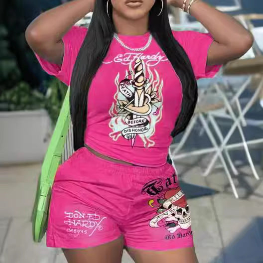 Women's Spring And Summer Printed Short-Sleeved Sports Two-Piece Shorts Set 3