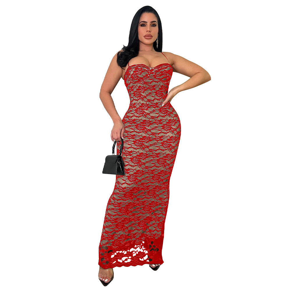 Women's Sexy Lace Strap Long Dress 7