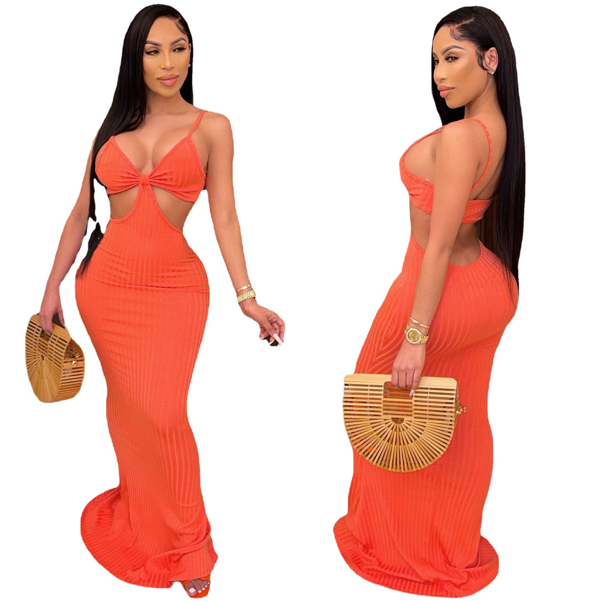 Women's Solid Color Strap Hollow Waist Long Dress 4