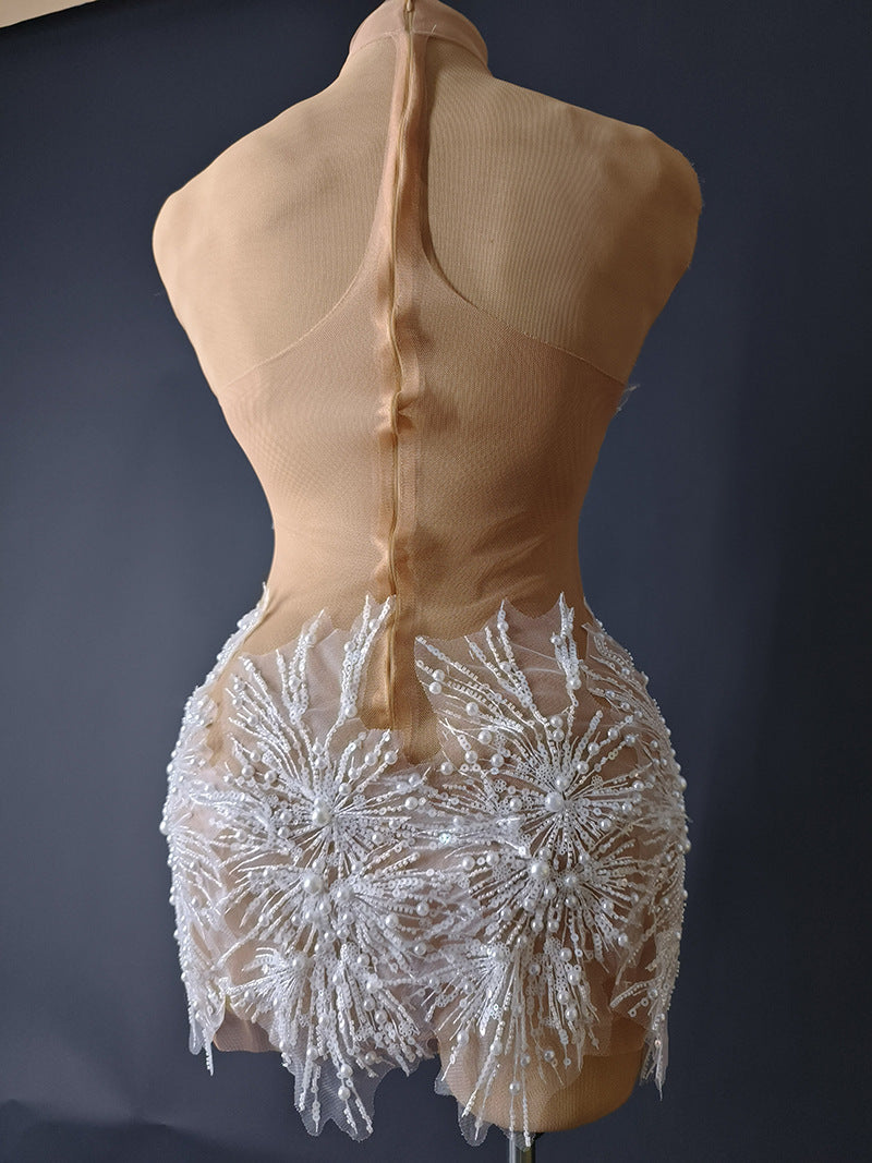 Fashion Halter Neck Strap Mini Dress Nude See-Through Sexy Party Dress 12