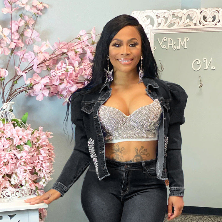 Women beaded crown Denim jacket