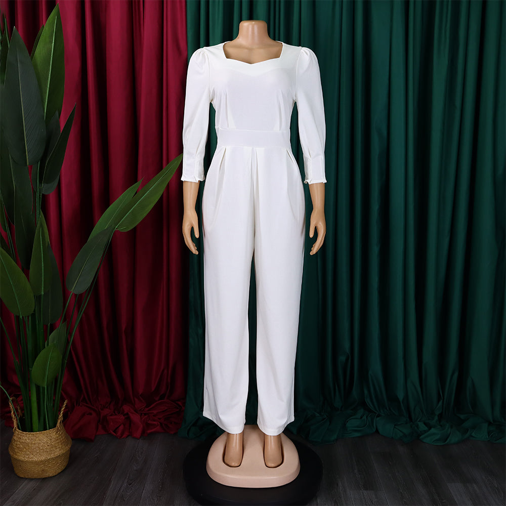 Plus Size African Women Long Sleeve Solid Loose Wide Leg Jumpsuit 27