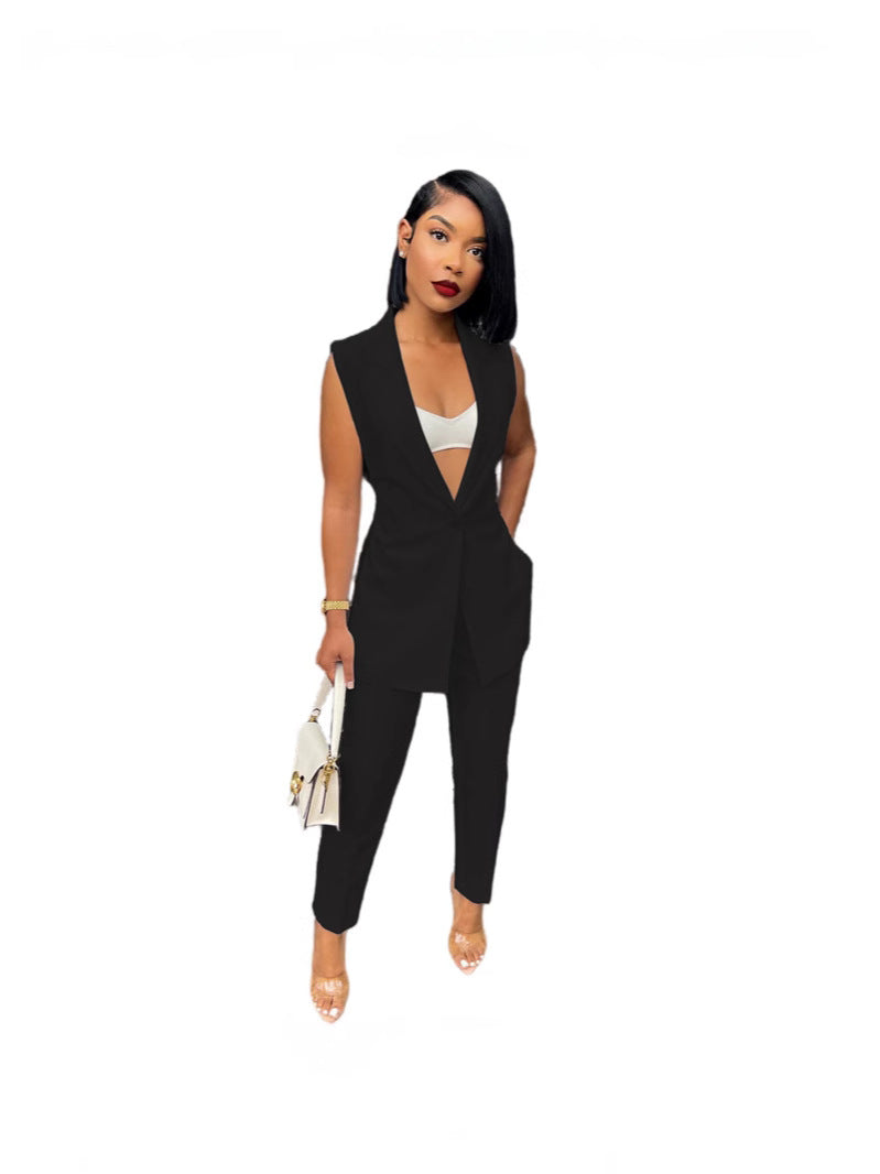 Women Casual Sleeveless Blazer and Pants Two Piece Set 5