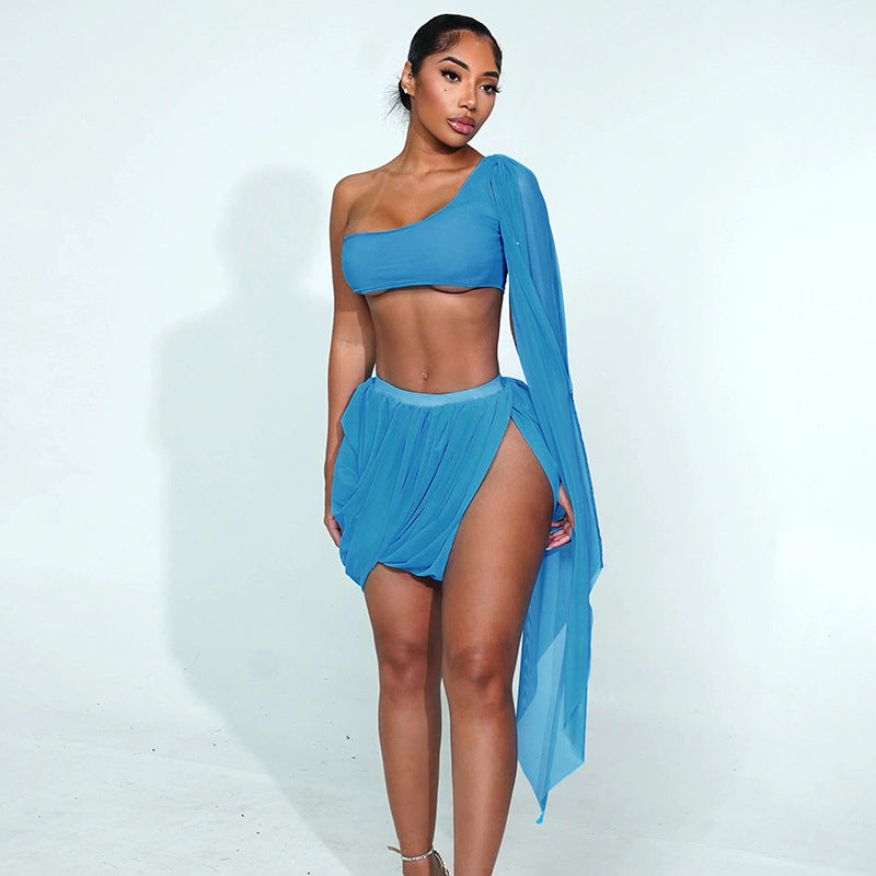 Women's Sexy Slash Shoulder Strapless Cape Top Slit Skirt Two Piece Set
