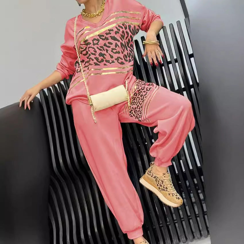 Women autumn and winter leopard print Patchwork Top and Pant two-piece set 6
