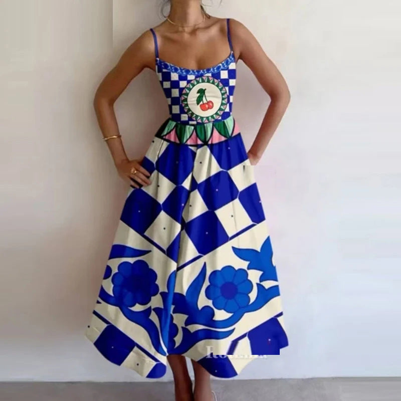 Women Spring Printed Pleated Strap Dress 26