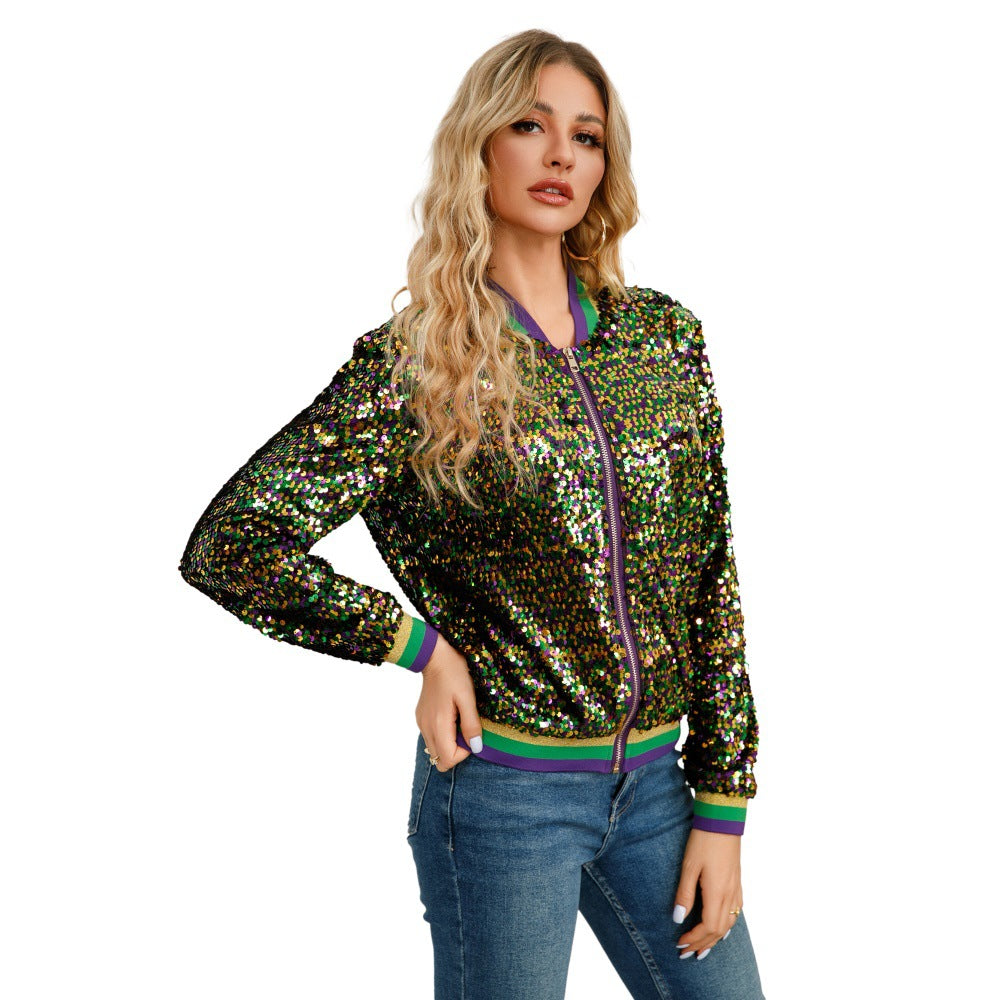 Color block sequin fashionable spring and autumn women's baseball jacket 4