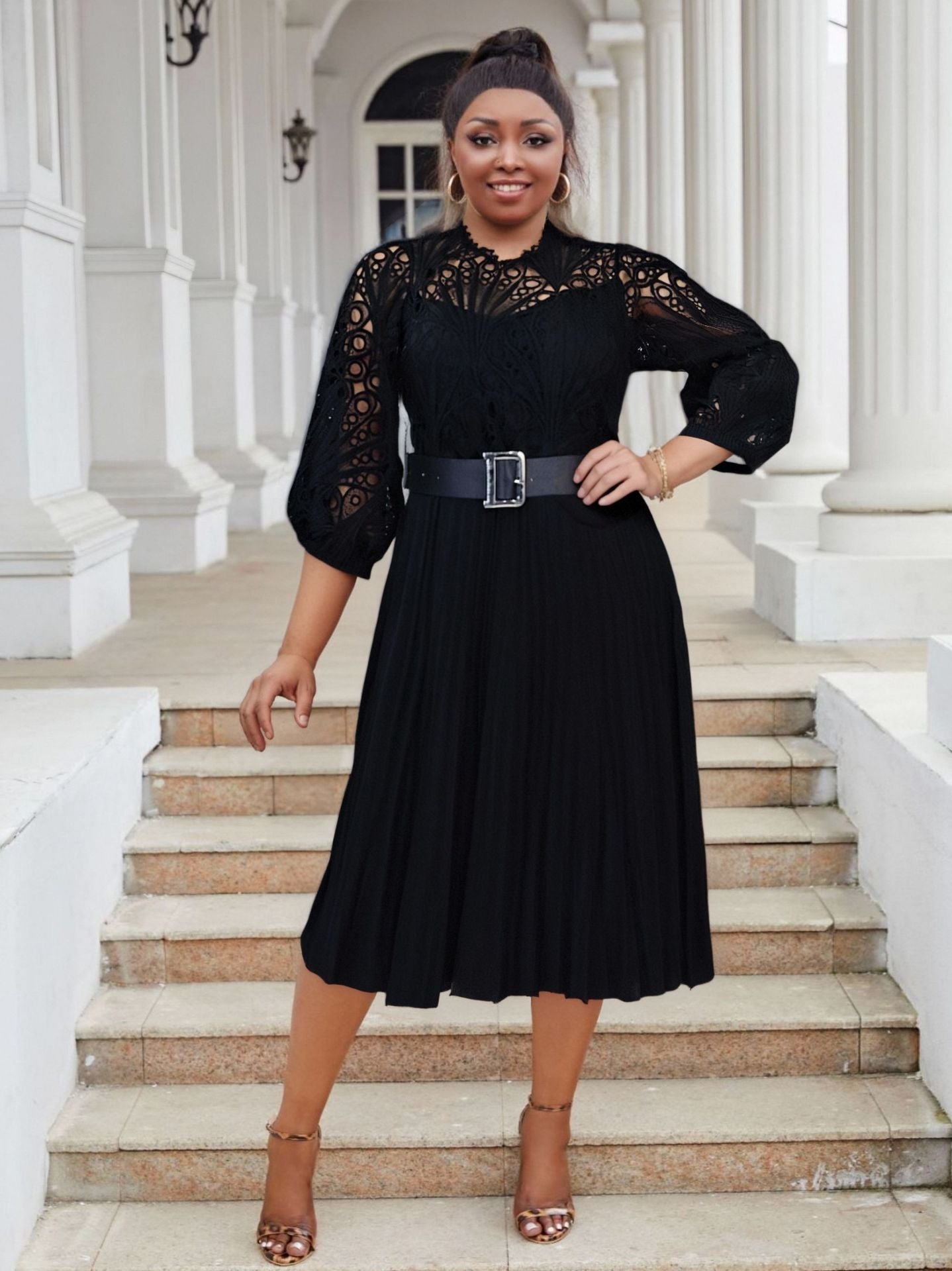 Plus Size Women lace hook flower sexy hollow pleated dress 12