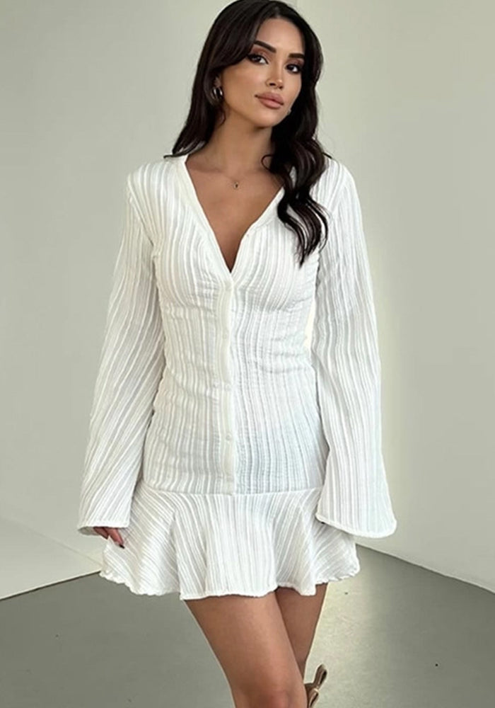 Autumn Women V-Neck Bell Bottom Sleeve A-Line Dress