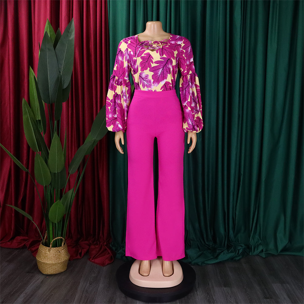 Plus Size Women's Fashion Print Lace-Up Top Wide Leg Pants Two-Piece Set 16