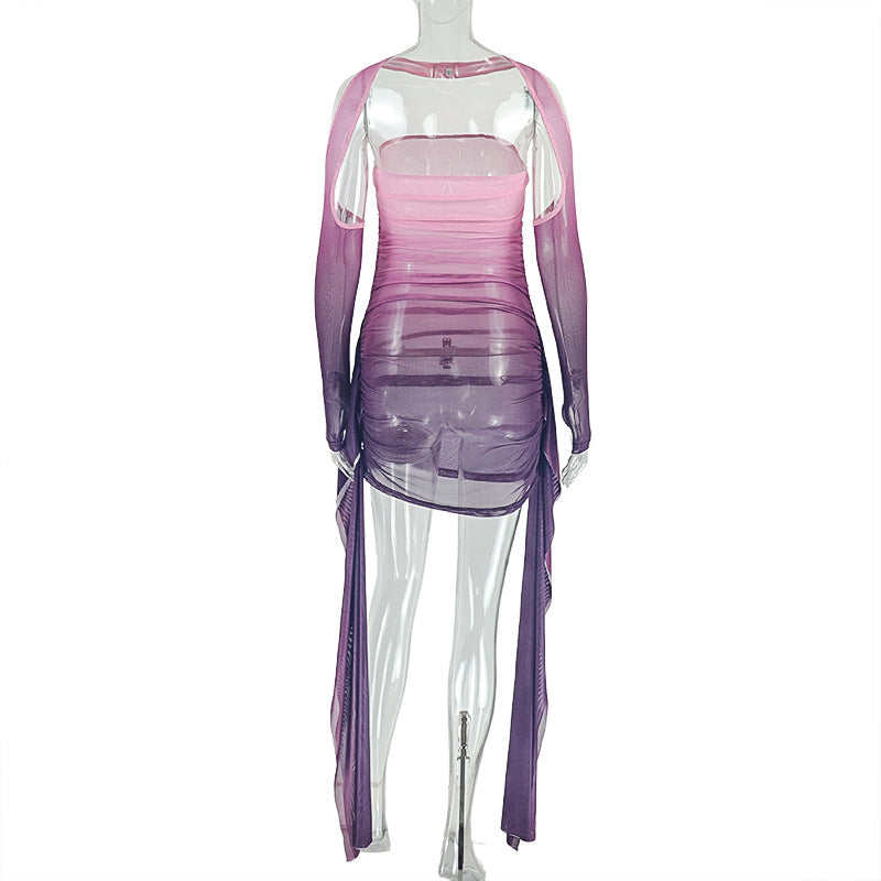 Women Ombre Strapless Off-Shoulder Lace-Up Long-Sleeved Bodycon Dress 8