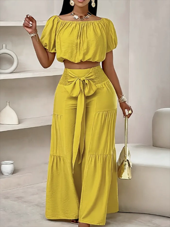 Women's Casual High-Waist Solid Color Flared Lace-Up Wide-Leg Pants Set 4