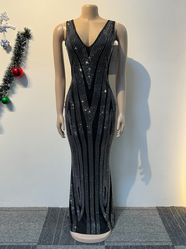 Women Beaded V-neck Sleeveless Elastic Bodycon Maxi Dress 6
