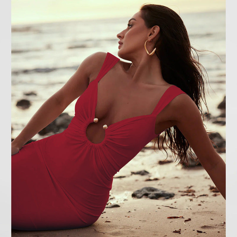 Women's Summer V-Neck Low Back Irregular Slit Women's Dress 7