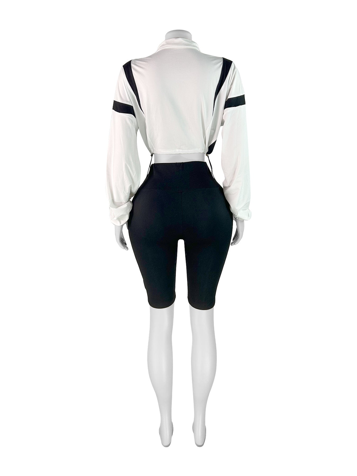Fashion women's contrast color drawstring Slim Waist zipper Crop long sleeve Top shorts set 8