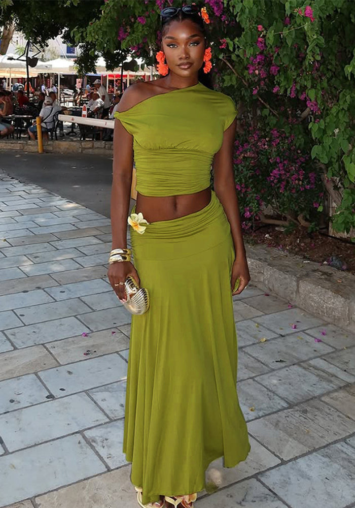 Women's Summer Slash Shoulder Ruffled Long Dress Top Fashion Slim Fit Skirt Set