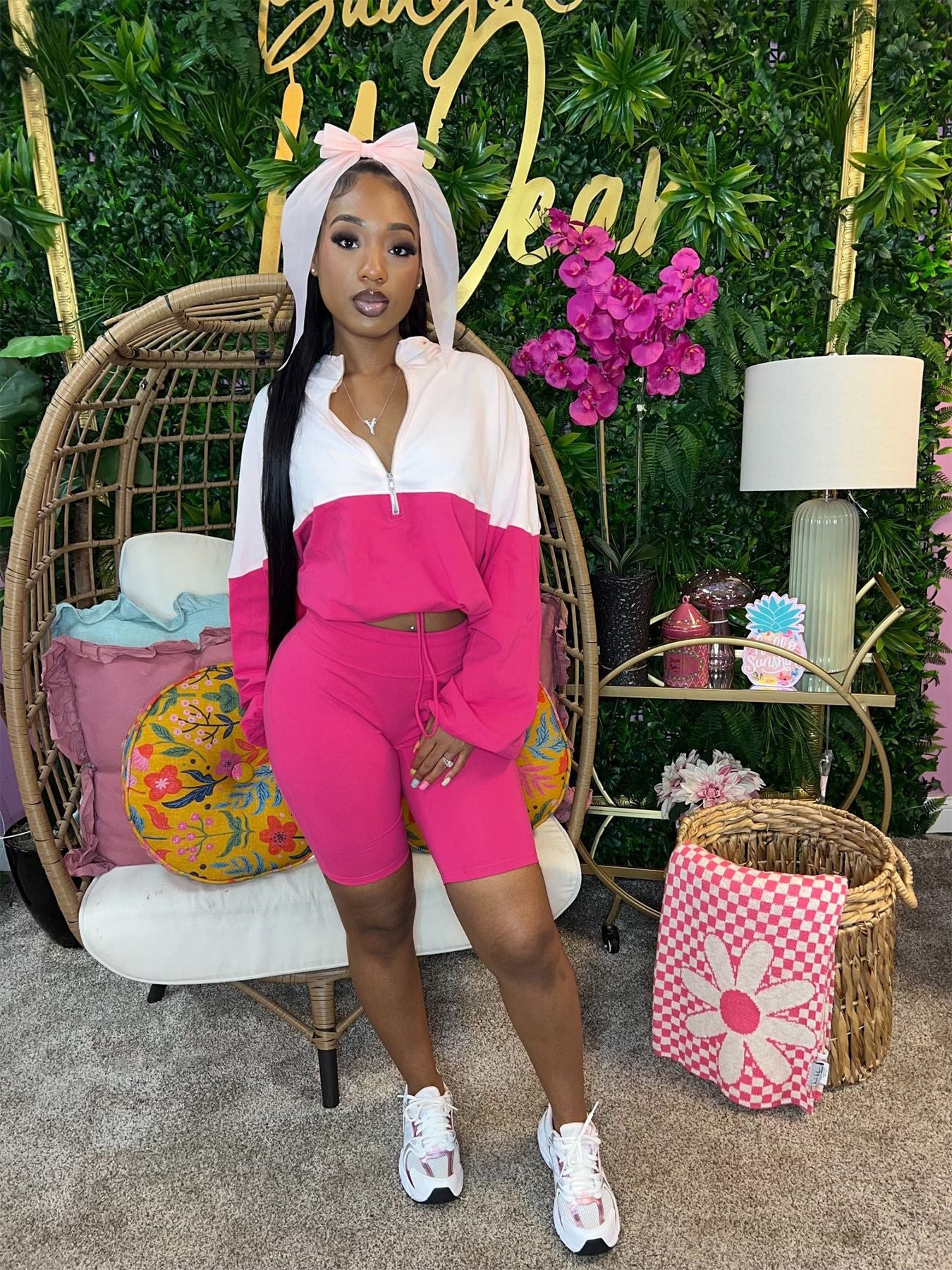 Women's Elastic Slim Waist Contrast Long Sleeve Sports Casual Two Piece Shorts Set 7