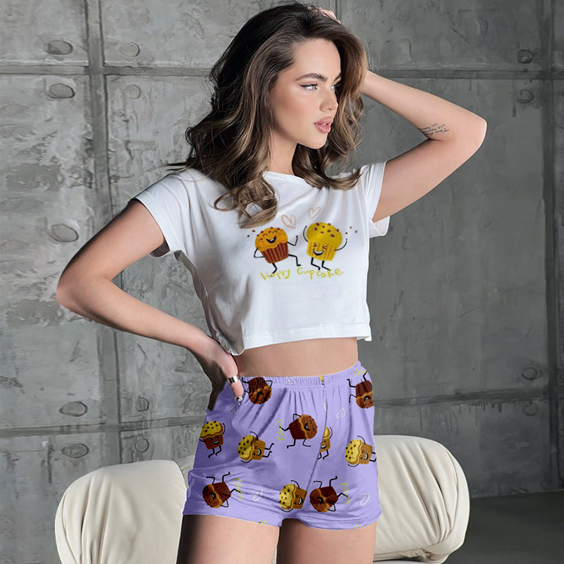 Women Summer Loungewear Round Neck Printed Short Sleeve Crop T-shirt and Shorts Two-piece Set