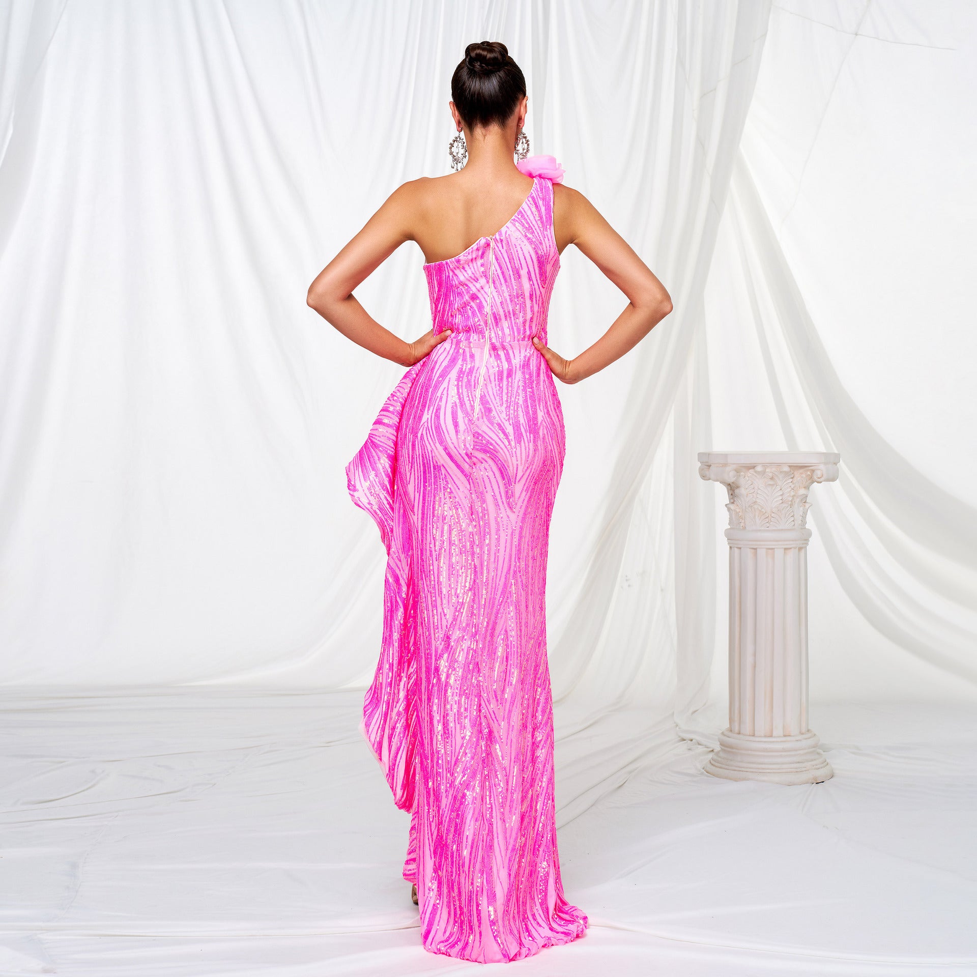 Women one shoulder slash shoulder sequins slit formal party evening dress 4