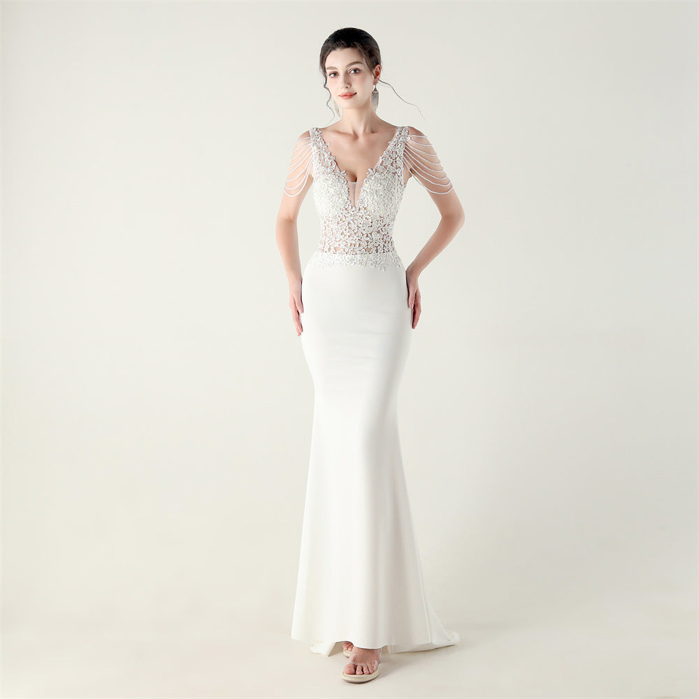 Beaded Lace Fishtail Evening Dress Wedding Formal Party Gown 12