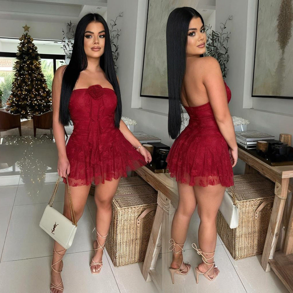 Strapless Lace Solid Color Chic Short Romper 6