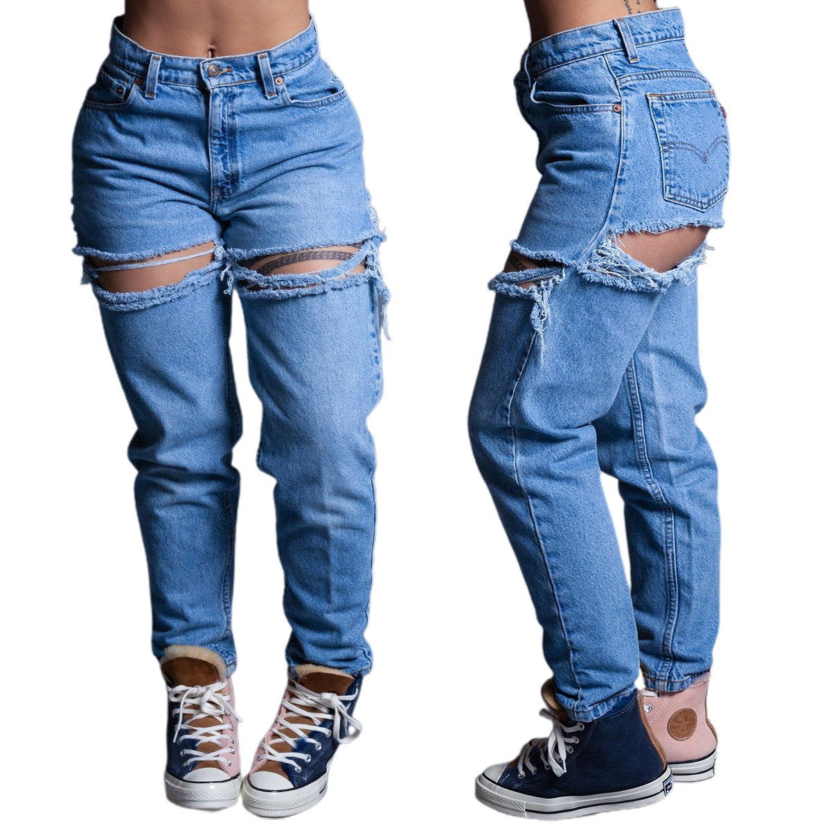 women washed high waist loose Ripped Denim pants