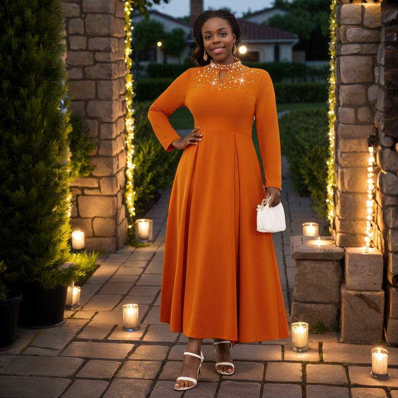 Women's Fashion High Neck A-Line Elegant Beaded Dress