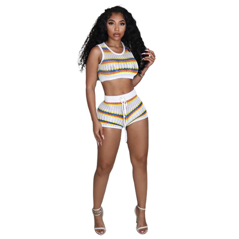 Women's Sexy Knitting Contrast Color Sleeveless Top High Waist Bodycon Shorts Casual Set 6