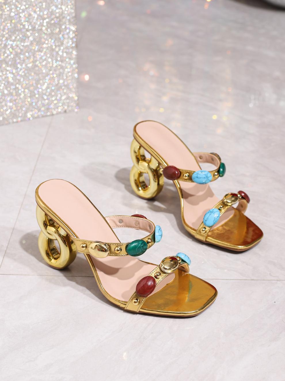 Women Summer Sexy Open-toe High-heeled Sandals Gem Decorated Roman High-heeled Sandals 9