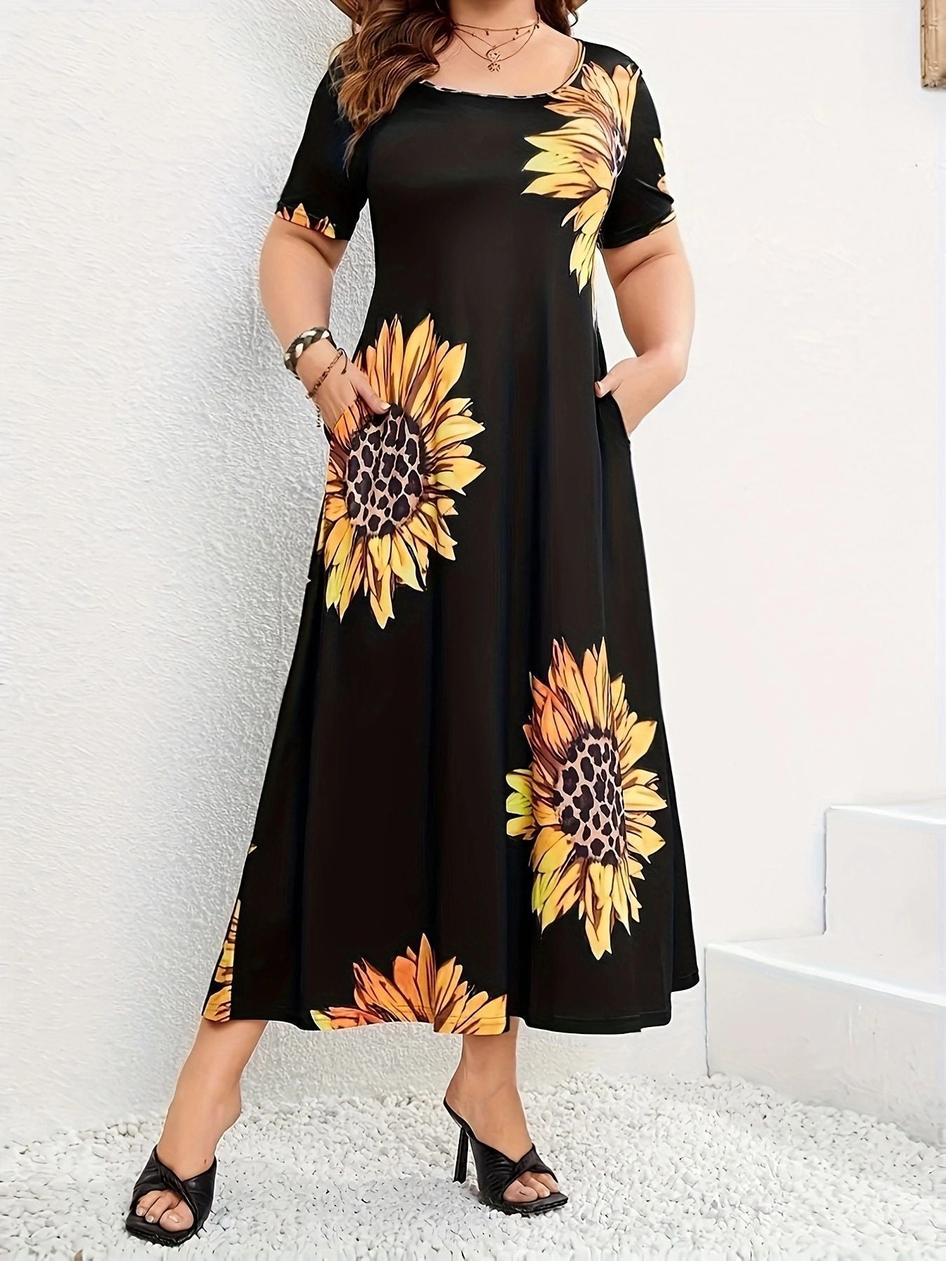 Sunflower Print Loose Short Sleeve Summer Long Dress 8