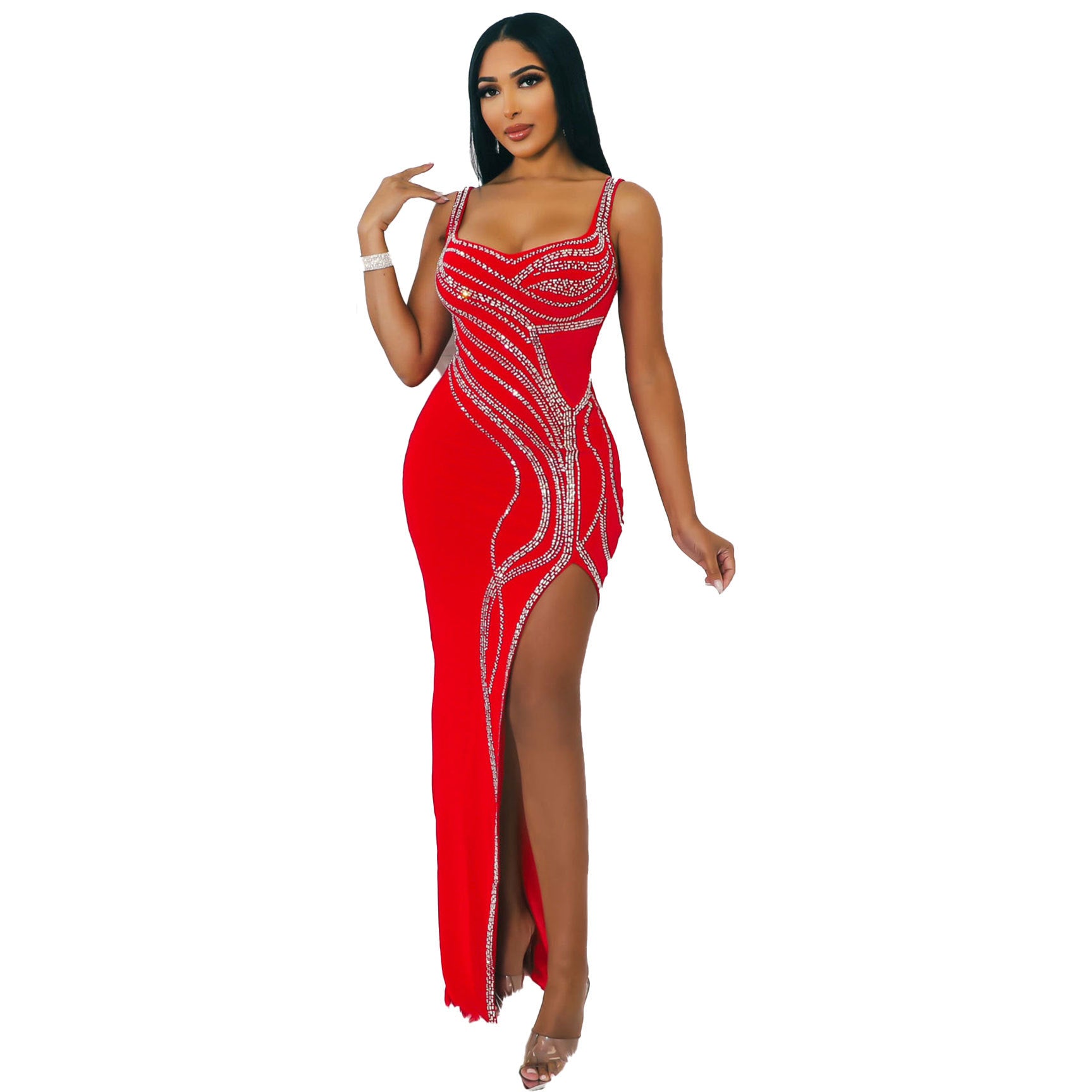 Women Sexy Beaded Sleeveless Bodycon Slit Dress 9
