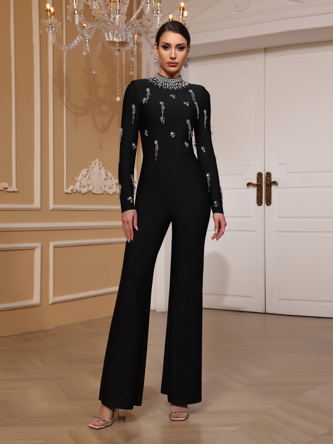 Women Black Long Sleeve Evening Bandage Beaded Bell Bottom Jumpsuit